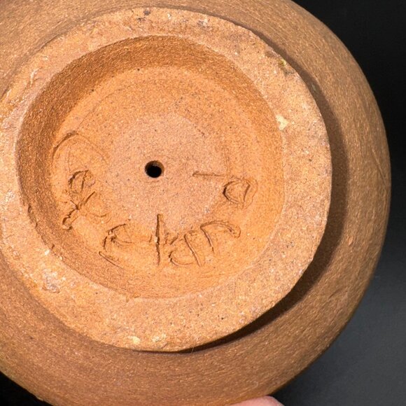 Pottery Owl Coin Bank Figurine Red Clay Signed Copeland Blue Glaze - Picture 4 of 5